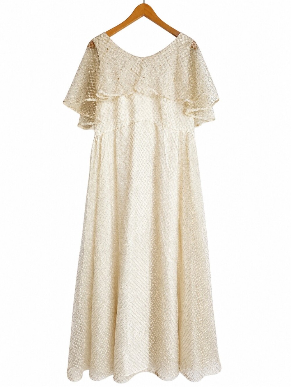 Vintage Handmade Ivory Lace Empire Waist Bridal Gown W/cape Sleeves 12-14 L